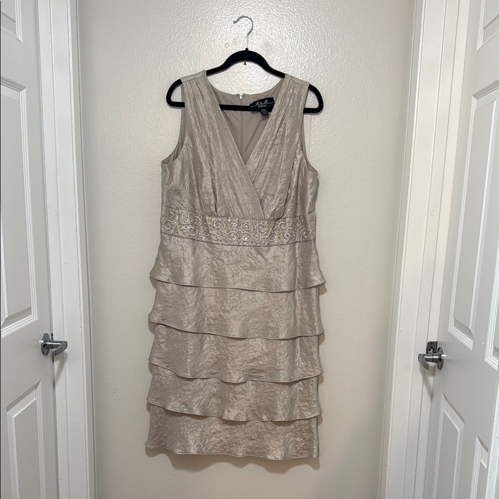 R & M Collection  Gold Tiered Sheath Dress for Wedding Guest